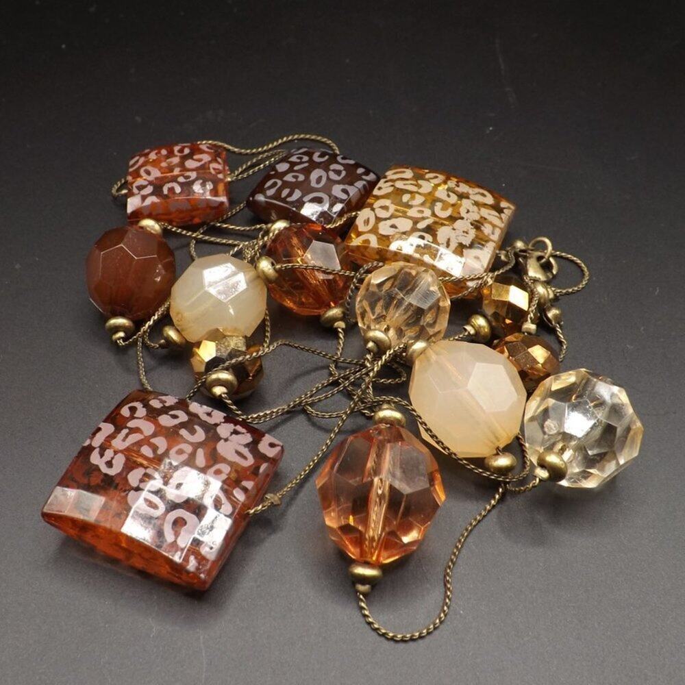 Brown Topaz Long Lucite Art Bead Necklace, 60" Length, Metal Chain